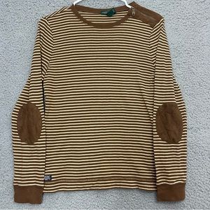 Laurent Jean CO. Tshirt long sleeve leather elbow patch brown beige size medium